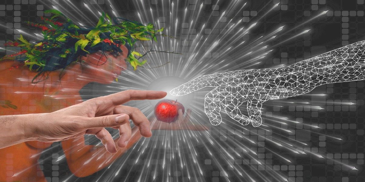 Mas allá de lo humano: Implicaciones sociales del transhumanismo Imagen conceptual - reinterpretación de la creación de Adán
